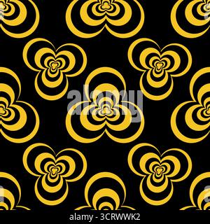 Motivo vettoriale astratto con curve concentriche dorate su sfondo nero, per creare un motivo ipnotico floreale. Illustrazione Vettoriale