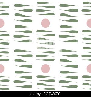 Motivo vettoriale senza cuciture con forme organiche e curve a forma di foglia verde e cerchi rosa tenui su sfondo bianco. Illustrazione Vettoriale