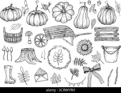 Collezione di elementi a tema autunnale. Illustrazioni vettoriali di oggetti in legno, verdure, frutti di bosco e fiori. Grafica nera disegnata a mano. Profilo Illustrazione Vettoriale