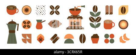 Icona del caffè. Motivi geometrici per caffè e tè in stile minimalista. Sfondo a stampa astratta con forme semplici per caffetteria, confezionamento di alimenti, parete del caffè, menu. Illustrazione Vettoriale