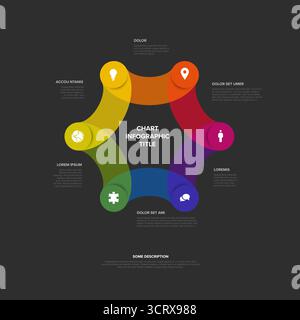 Questa colorata infografica mostra un processo o un concetto in sei fasi in modo splendido. Il design infografico circolare con i suoi sei elementi distinti pr Illustrazione Vettoriale