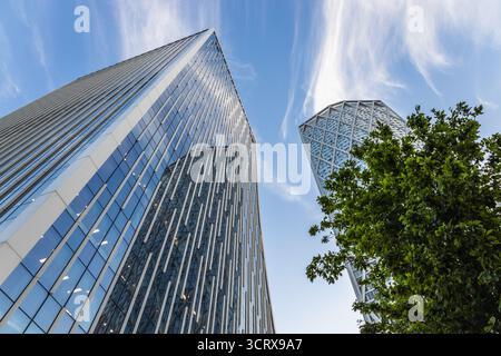 Moderni grattacieli e alberi in vetro, vista ad angolo basso delle torri degli uffici aziendali Foto Stock