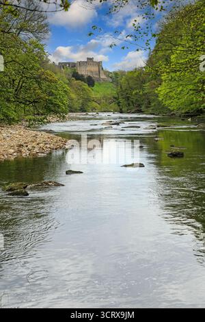 Castello di Richmond e fiume Swale, Richmond, North Yorkshire, Inghilterra, Regno Unito Foto Stock