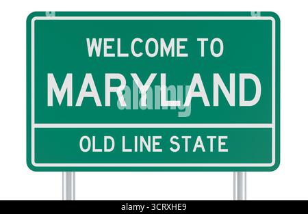 Benvenuto nel Maryland, segnale stradale. Rendering 3D isolato su sfondo bianco Foto Stock