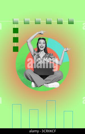Collage con business person entusiasta con grafico a torta Business Chart analisi statistiche dati Foto Stock