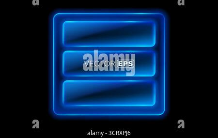 Menu interfaccia blu neon con tre pulsanti su sfondo nero. Vettore Illustrazione Vettoriale