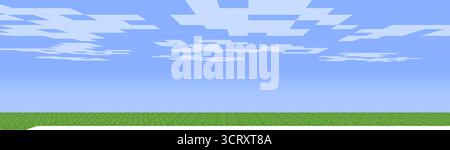 Paesaggio del campo di pixel Grass Minecraft con cielo e nuvole. Orizzonte a blocchi verdi in stile retrò isometrico. Sfondo o poster perfetti per i giocatori. Illustrazione vettoriale moderna astratta. Illustrazione Vettoriale