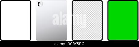 Dispositivo tablet pc grigio, set di mockup sul lato anteriore e posteriore. Touch pad realistico, modello di schermo bianco e verde per interfaccia utente e pubblicità. Vect Illustrazione Vettoriale