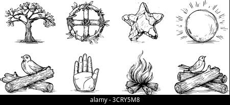 Set di scarabocchi a spirale disegnati a mano con elementi e simboli della natura. Illustrazione Vettoriale