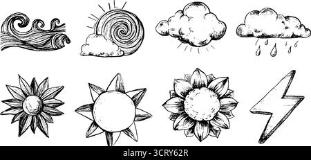 Icone disegnate a mano con onde colorate, nuvole e illustrazioni del sole. Illustrazione Vettoriale