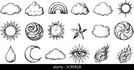 Set di icone disegnate a mano con arcobaleno, nuvole, stelle ed elementi celesti per un design creativo. Illustrazione Vettoriale