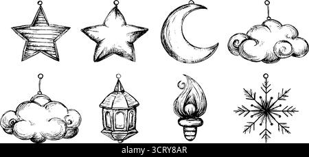 Set di icone disegnate a mano con stella, luna, nuvole, lanterna, candela, fiocco di neve. Illustrazione Vettoriale