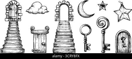 Set di icone disegnate a mano con scale, chiavi, porte ed elementi celesti. Illustrazione Vettoriale