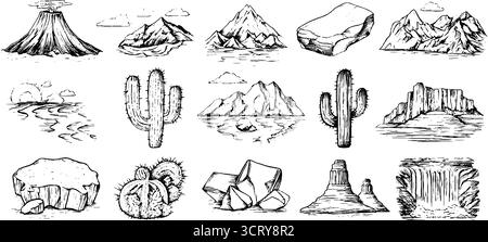 Set di icone disegnate a mano con vulcani, montagne e paesaggi per creare design creativi. Illustrazione Vettoriale