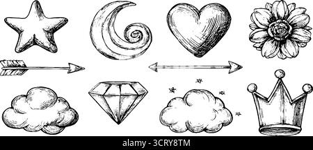 Stravagante collezione di icone disegnate a mano con stelle, arcobaleno, luna e molto altro ancora per un design creativo. Illustrazione Vettoriale