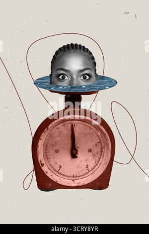 Disegna grafica di tendenza collage 3D con allucinazioni di tendenza folle concetto di poster testa di giovane donna apparire acqua occhi orologi pesi misura Foto Stock