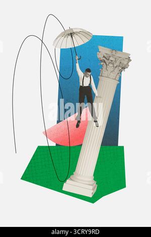 Modello di schizzo di tendenza poster collage fotografico di un giovane gentiluomo ombrello a mano decorazione a mosca edificio a colonne in stile antico divertente psichedelico Foto Stock