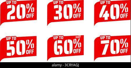 Sconti fino al 20 30 40 50 60 70% sul set di adesivi Illustrazione Vettoriale