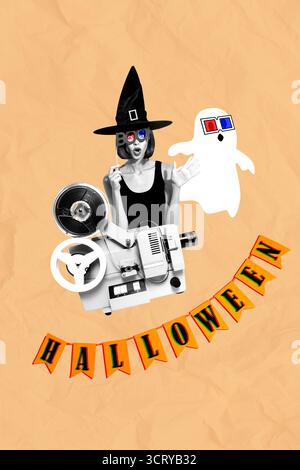 Modello di schizzo di tendenza poster collage fotografico di giovane donna indossa una fotocamera fantasma in vetro 3d cinema halloween festa mistica autunno Foto Stock