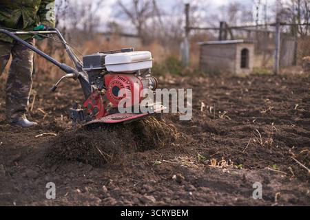 Adulto che utilizza un timone motorizzato rosso per la preparazione del terreno in giardino durante l'autunno. Foto Stock