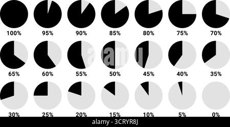 Set di icone di percentuale del grafico a torta monocromatico vettoriale da 0% a 100% in incrementi del 5%. Infografica, interfaccia utente, presentazione e concetto di visualizzazione dei dati Illustrazione Vettoriale