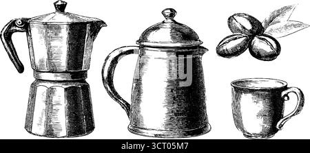 Collezione incisa per la preparazione e la somministrazione del caffè: Pentole, tazze e chicchi retrò per il design del caffè. Illustrazione Vettoriale