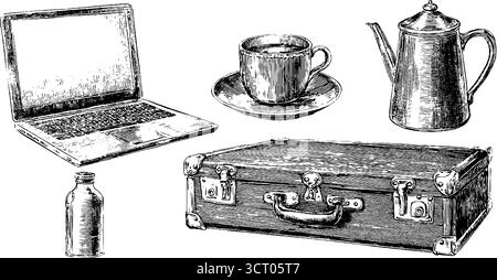 Set di illustrazioni incise per lo stile di vita dei nomadi digitali con laptop e accessori da viaggio. Illustrazione Vettoriale