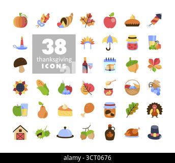 Una collezione completa di 38 icone d'arte di linea per il Ringraziamento e le vacanze autunnali. Il set include una varietà di simboli tradizionali, perfetti per W Illustrazione Vettoriale