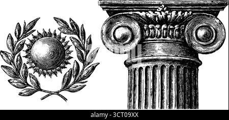 Architettura classica ed elementi naturali: Colonna ionica incisa e set illustrativo con corona d'alloro per la decorazione e il design. Illustrazione Vettoriale