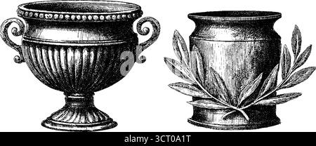 Set illustrativo vintage con incisioni di vasi krater con decorazioni classiche per un design retrò. Illustrazione Vettoriale