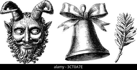 Set di illustrazioni incise con campana e ornamento krampus per il design delle vacanze. Illustrazione Vettoriale