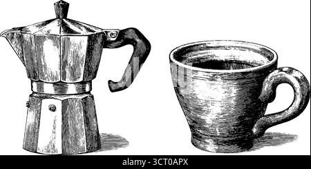 Set vintage inciso di moka pot e tazza da caffè per l'arredamento della cucina e il design del caffè. Illustrazione Vettoriale