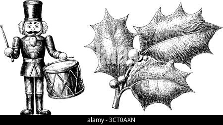 Il soldato dello Schiaccianoci e l'agrifoglio lasciano incisioni per decorazioni natalizie o artigianato natalizio. Illustrazione Vettoriale