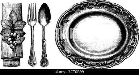Set illustrativo vintage inciso con tovagliolo in lino e stoviglie cerimoniali per un design retrò. Illustrazione Vettoriale