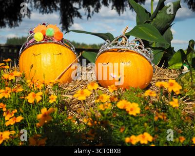 Due piccole zucche decorative con facce su balla di fieno - scena autunnale verticale con fiori Foto Stock