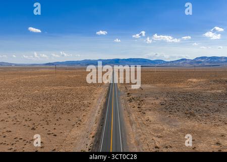 Una strada dritta a due corsie attraversa un vasto deserto con vegetazione sparsa, montagne lontane e linee elettriche sotto un cielo azzurro cristallino in Nevada. Foto Stock