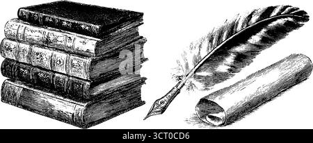 Set di libri vintage incisi impilati con quill e rotolo per un design retrò. Illustrazione Vettoriale