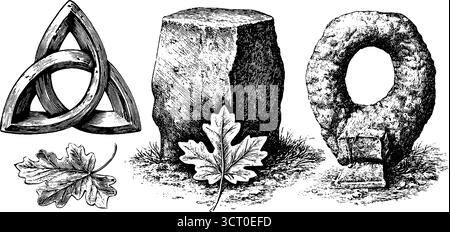 Set illustrativo inciso con simboli del triskelion con foglie di quercia e pietre antiche. Illustrazione Vettoriale