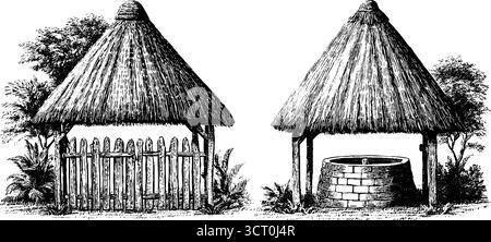 Case in paglia d'epoca con pozzo e recinto - collezione di incisioni disegnate a mano. Illustrazione Vettoriale