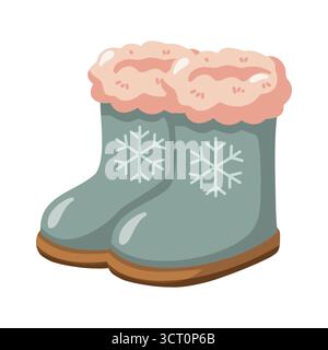 Simpatici stivali invernali a cartoni animati con pelliccia e fiocchi di neve. Illustrazione isolata del vettore disegnata a mano. Illustrazione Vettoriale
