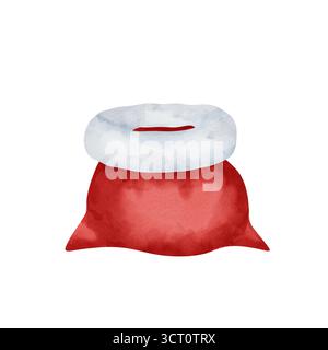 Una borsa di Babbo Natale rossa vuota con pelliccia bianca. Illustrazione in acquerello di un accessorio utilizzato per contenere regali. Isolato su sfondo bianco Foto Stock