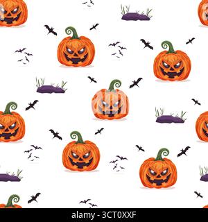 Halloween senza cuciture con zucche, rocce e pipistrelli Illustrazione Vettoriale