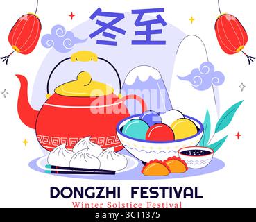 Traduzione del festival Dongzhi. Illustrazione del Festival del solstizio d'inverno che presenta cibi tradizionali cinesi Tangyuan e Jiaozi in un contesto culturale Illustrazione Vettoriale