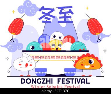 Traduzione del festival Dongzhi. Illustrazione del Festival del solstizio d'inverno che presenta cibi tradizionali cinesi Tangyuan e Jiaozi in un contesto culturale Illustrazione Vettoriale