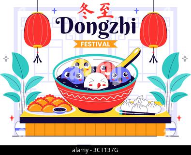 Traduzione del festival Dongzhi. Illustrazione del Festival del solstizio d'inverno che presenta cibi tradizionali cinesi Tangyuan e Jiaozi in un contesto culturale Illustrazione Vettoriale