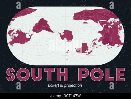Polo Sud. Mappa del mondo. Proiezione di Eckert III centrata sul Polo Sud. Pallido Mint Dark Pink (Rosa scuro). Texture vintage. Illustrazione vettoriale attiva. Illustrazione Vettoriale