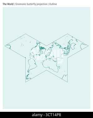 Mappa del mondo. Proiezione farfalla gnomonica. Stile contorno. Mappa mondiale dettagliata per infografiche, istruzione, report e presentazioni. Illustrazione Vettoriale