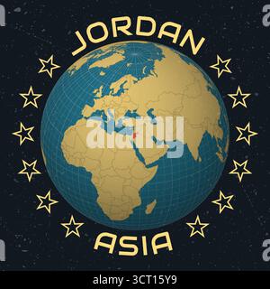 Regno hascemita di Giordania su Globe. Nome del paese testo rotondo. Look vintage con texture graffiata graffiata. Illustrazione Vettoriale