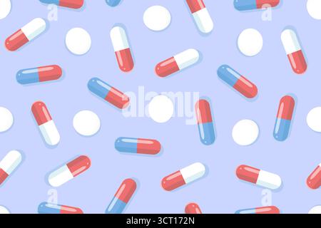 Colorato motivo senza cuciture con pillole, capsule rosse e blu. Concetto di medicina. Background con farmaci per la progettazione di sanità, farmaceutica, medicina e farmacie. Illustrazione Vettoriale