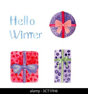 Set di confezioni regalo con fiocco e nastro, scritta natalizia Hello Winter. Illustrazione acquerello isolata su bianco. Perfetto per Natale, Capodanno Foto Stock